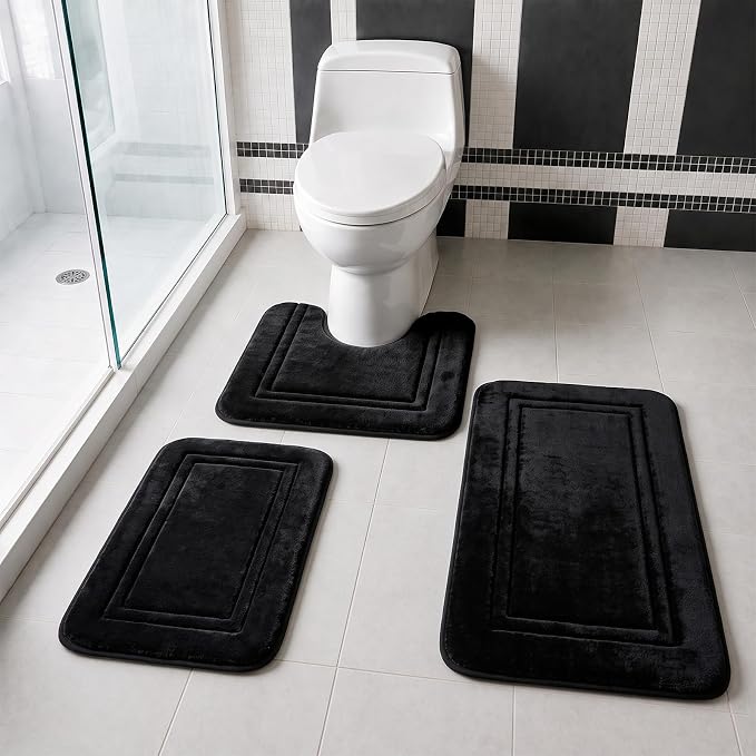 Bathroom Rugs Set 3 Piece Memory Foam, Bordered Toilet Rug, Non-Slip Black | Modern & Monochrome Decor — Black bath mats, absorbent and washable, with a U-shaped toilet mat.