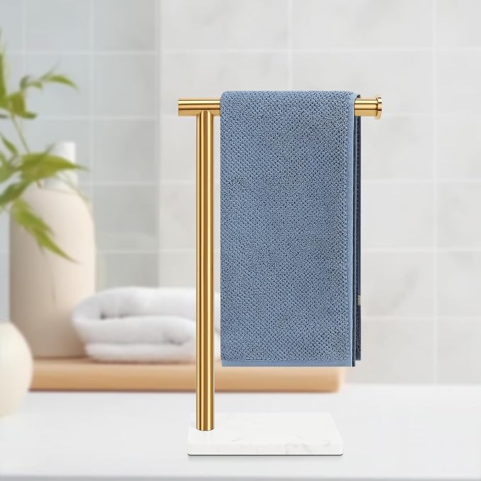 Hand Towel Holder, Hand Towel Stand for Bathroom with Marble Base, 304 Stainless Steel L Shape Hand Towel Rack Bar Standing for Vanity Kitchen Countertop, Brushed Gold