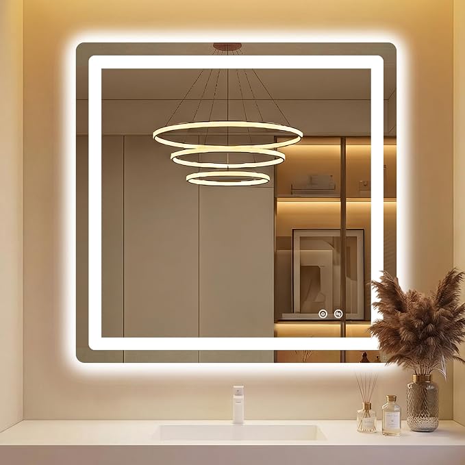 LED Bathroom Mirror with Lights, 30 x 30 Lighted Vanity Wall Mirror | Backlit and Frontlit, Anti-Fog, Dimmable 3 Colors, Shatter-Proof Tempered Glass, Memory Function, Plug-in/Hardwired