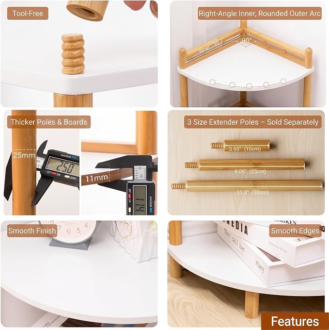 5-Tier Expandable Bamboo Corner Shelf Stand,Corner Bookshelf, Display Storage Shelves with Open Shelves, for Organization and Storage, Living Room, Home Office, Garage (White, 5-Tier WithRail)