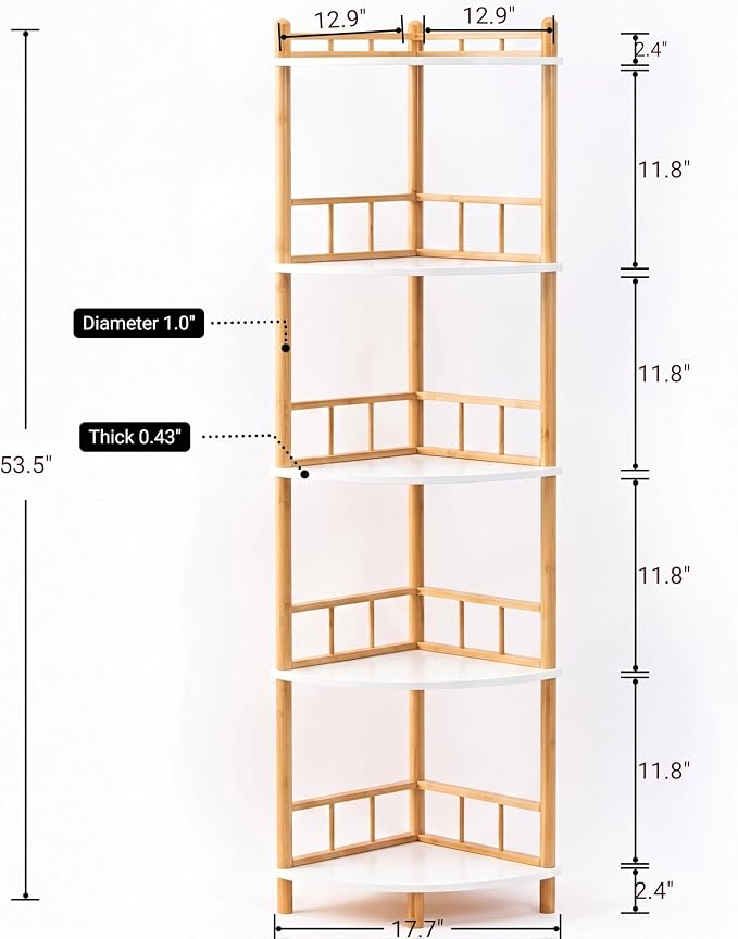 5-Tier Expandable Bamboo Corner Shelf Stand,Corner Bookshelf, Display Storage Shelves with Open Shelves, for Organization and Storage, Living Room, Home Office, Garage (White, 5-Tier WithRail)