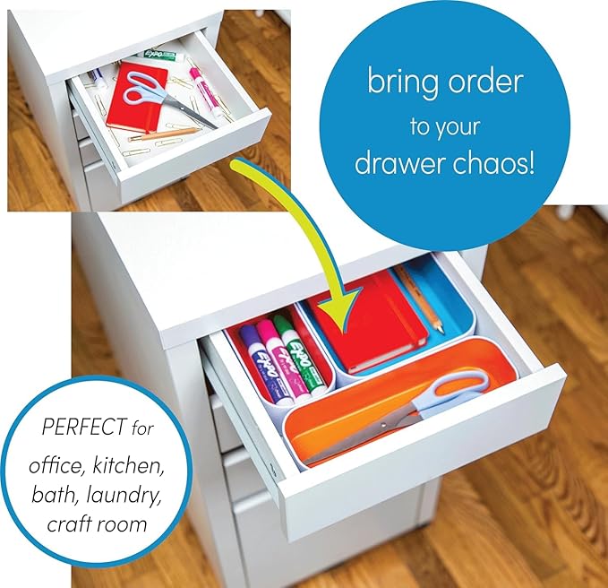 Three by Three Seattle 5 Piece Metal Organizer Tray Set for Storing Makeup, Stationery, Utensils, and More in Office Desk, Kitchen and Bathroom Drawers (2 Inch, Assorted Blue and Stripes)