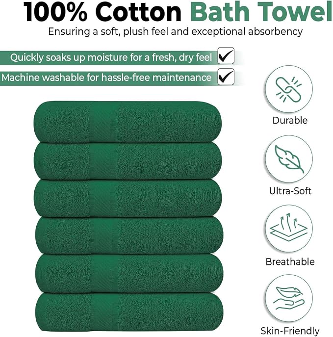 KAHAF COLLECTION 6 Pack Bath Towels Set (27 x 54 Inches) 100% Ring Spun Cotton, Lightweight, Quick Dry, Highly Absorbent Towels (Dark Green, (27x54) Inches)