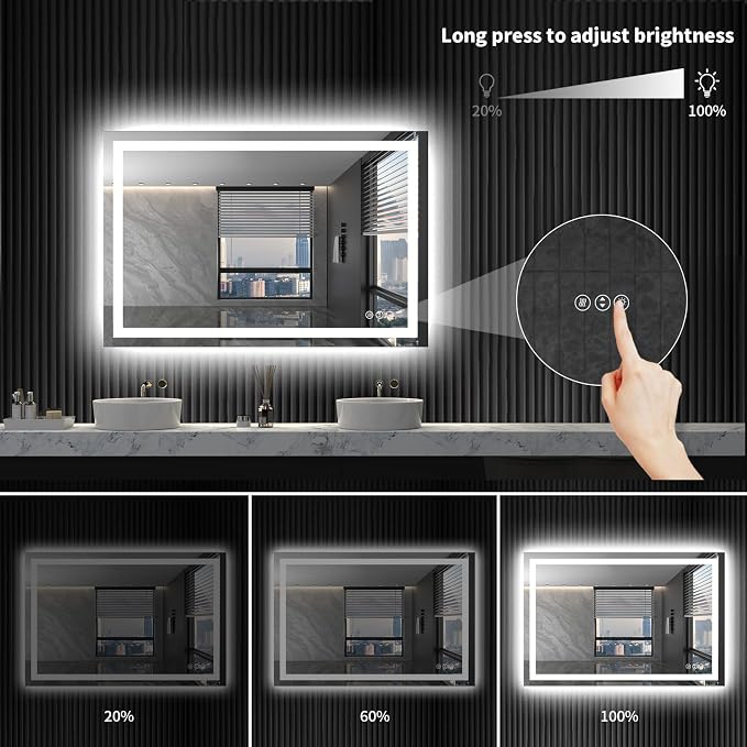 LOAAO 48"X32" LED Bathroom Mirror with Lights, UL Listed | Anti-Fog, Dimmable, 3 Color Temperature, Backlit + Front Lit, Memory Function, Tempered Glass