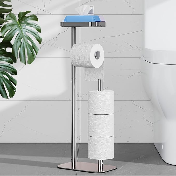 Kitsure Metal Toilet Paper Holder Free Standing, Medium, Chrome Silver | Rustproof Toilet Paper Stand for 4 Rolls, Bathroom Organizers and Storage with Anti-Slip Base and Plastic Shelf
