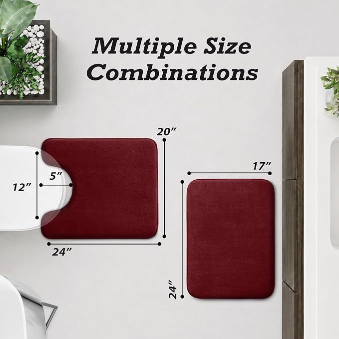 Bathroom Rugs Sets 3 Piece, Non-Slip & Quick Dry Bath Mat Set, Ultra Soft Velvet Bath Rugs for Bathroom, Toilet and Shower Floor, Red