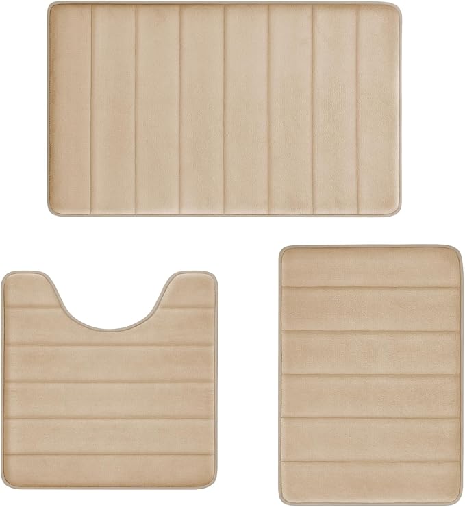 RUN HELIX Memory Foam Bath Mat Set 3 Piece, Soft and Comfortable, Super Water Absorption, Non-Slip, Thick, Machine Wash, Easier to Dry for Bathroom Floor Rug, Beige Toilet Rug Bathroom Set