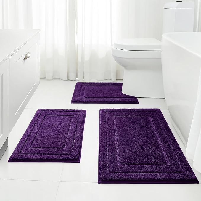 HOMEIDEAS Purple Bathroom Rugs Set of 3, Non Slip Bath Mats | Super Absorbent, Plush Microfiber, Machine Washable, Stain Resistant, Easy Care, Perfect for Modern Bathroom Decor