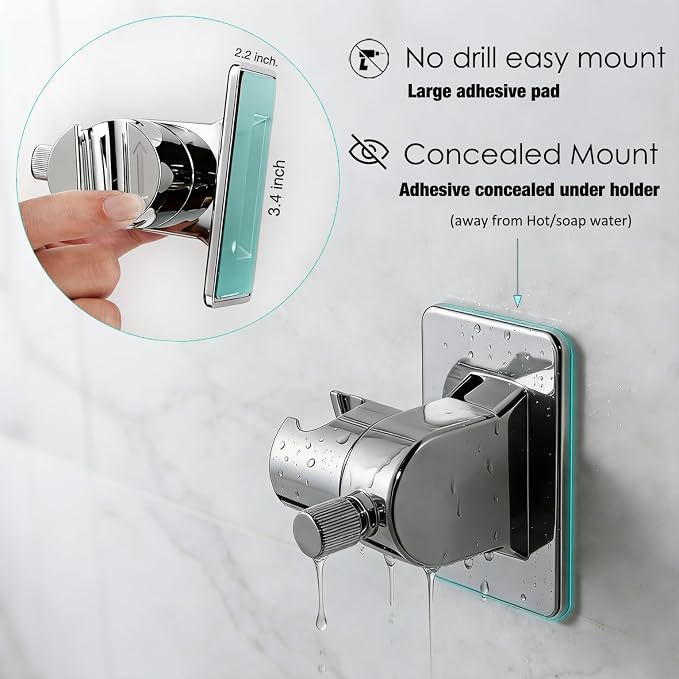 Handheld Shower Head Holder - No Drill - 360 Variable Adjustable - Tension Nut for Different Weight - Universal Shower Hose Fits - Wall Mounted with Strong Adhesive - (Polished Chrome)