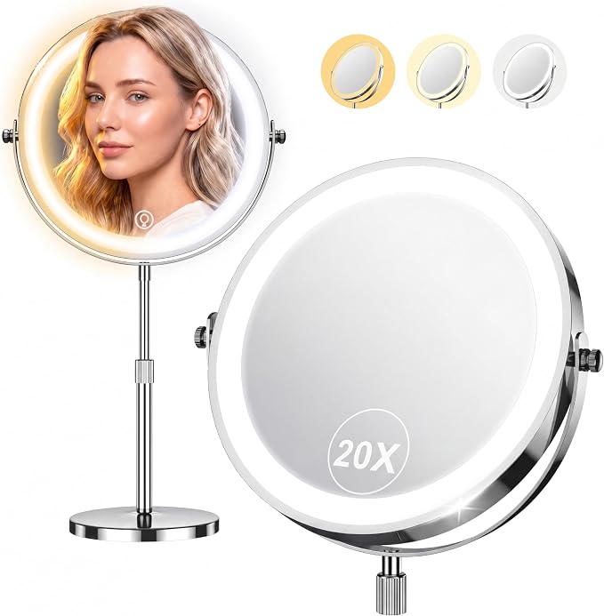 Dienmern Lighted Makeup Mirror, 1X/20X Magnifying Vanity Mirror with Lights | Double-Sided, 5000mAh Rechargeable, Adjustable Brightness, 3 Colors, 360° Rotation, for Dorm, Room, Women Gift