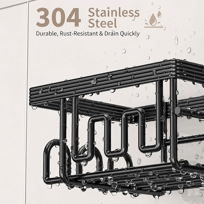 Shower Caddy Hanging for Handheld Showerheads, Rustproof, Black | Anti-Swing, Split Design, Shower Organizer with Hooks, Soap Holder and Toothbrush Holder, No-Drill Bathroom Storage