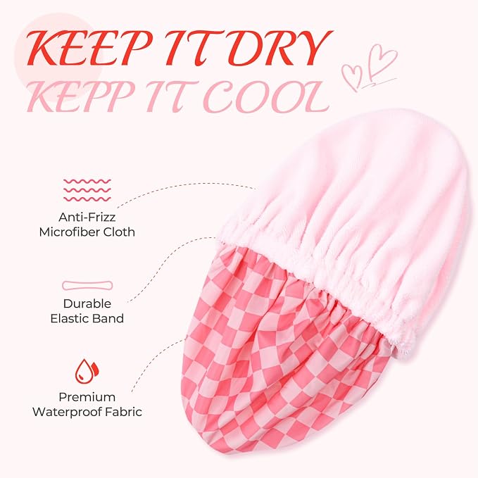 Shower Cap for Women Terry Lined Bath Cap Large Reusable Waterproof Elastic Pink Checkered Shower Caps for Long Thick Hair Soft Bath Shower Hair Caps