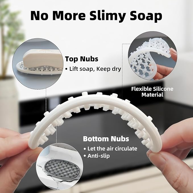 2 Pack Soap Dish for Shower, Non-Slip Silicone Bar Soap Holder with Efficient Drainage Holes for Bathroom Sink, Self Draining Soaps Saver Pad for Shower Niche, Shelf (Gray- 2Pcs)