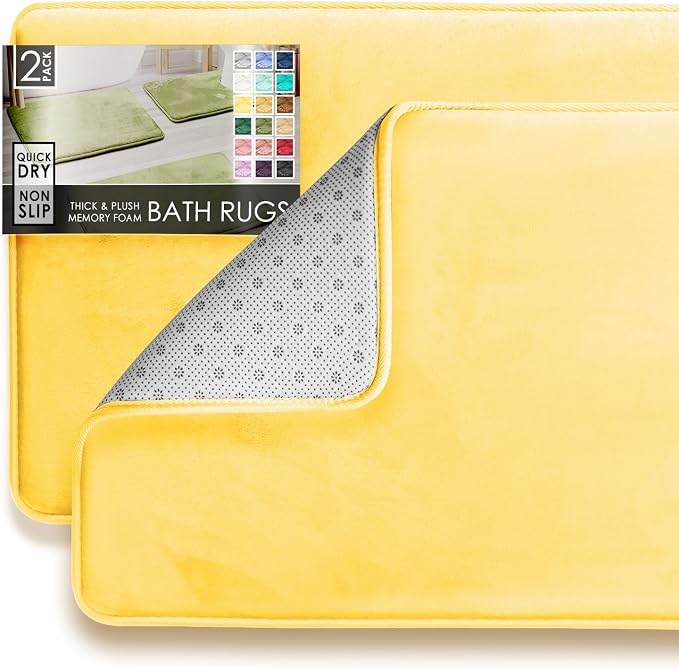 Clara Clark 2 Piece Bathroom Rugs Bath Mat Set, Velvet Memory Foam Bath Mats for Bathroom - Non-Slip, PVC Backing Bath Rugs, Washable - Dries Quickly, Yellow