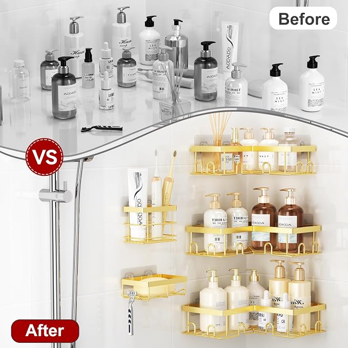 Liuoud Corner Shower Caddy 5 Pack, Rustproof Stainless Steel Shower Organizer with Soap Rack Toothbrush Holder, Large Capacity Adhesive No Drilling Bathroom Kitchen&Home Decor Set, Gold