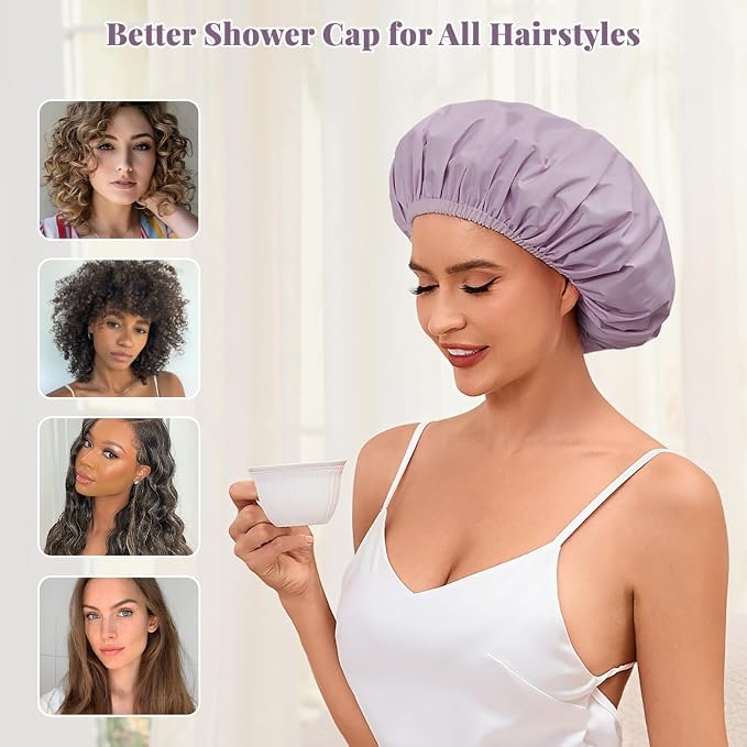Shower Cap for Women Waterproof Reusable, Large Shower Cap Non-Slip with Elastic Band, Washable Bath Hair Hat for Long Hair, Braids (Purple)