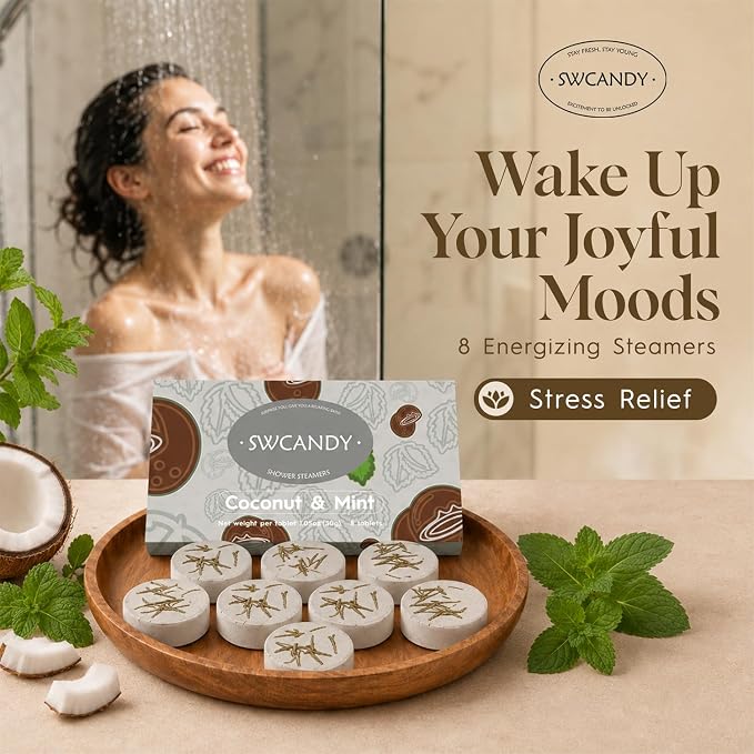 SWCANDY Coconut & Mint Shower Steamers 8 Pack, Home Spa Self Care | Fresh tropical aromatherapy with natural essential oils, shower gift for women, men, wife & husband.