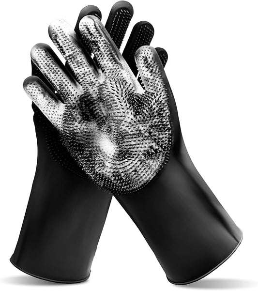 Pet Grooming Gloves—Dog Washing Gloves with High-Density Teeth | Dog Bath Scrubber with Enhanced Five Finger Design, Silicone Gloves for Dogs and Cats Bathing, Massage (Dark)