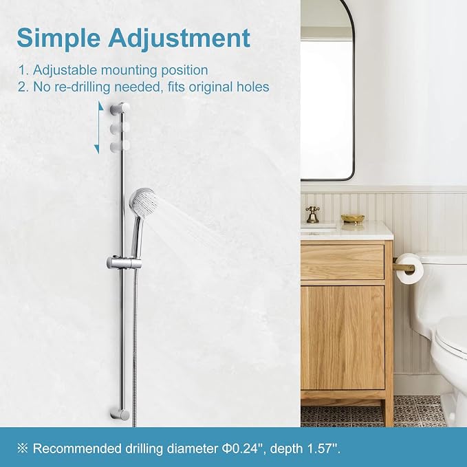 OFFO Shower Slide Bar Combo, Adjustable 39 in Slide Bar with 3-Mode Round Handheld Shower Head and 60 in Stainless Steel Hose, Screw Wall Mounted, Chrome Finish