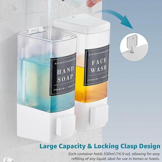 Shampoo and Conditioner Dispenser for Shower, 2 Chamber, White | Clog-Free Pump for Thick Liquids, 16.9oz Large Capacity, No Drill Wall Mounted Compact Design for Small Bathroom