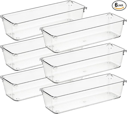 Ravinte 6 Pack Drawer Organizer - 3" X 9" Plastic Storage Bins, Acrylic Organizers with Non-Slip Pads Clear Desk Storage Tray for Makeup, Jewelries, Kitchen Utensils, Bathroom and Office