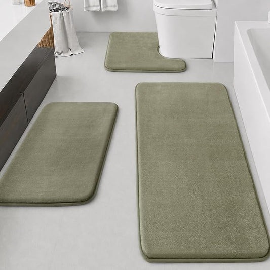 Bathroom Rugs Sets 3 Piece, Non-Slip & Quick Dry Bath Mat Set, Ultra Soft Velvet Bath Rugs for Bathroom, Toilet and Shower Floor, Olive Green