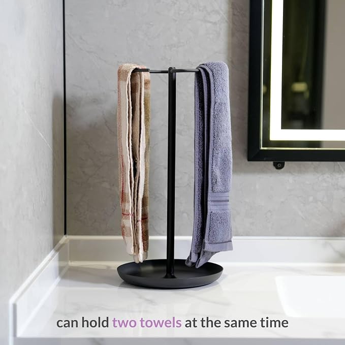 Hand Towel Holder Countertop with Storage Tray Weighted (Matte Black) | heavier base | electroplated for a lasting shine | bathroom organizer | storage tray for watch, necklaces, glasses, earring