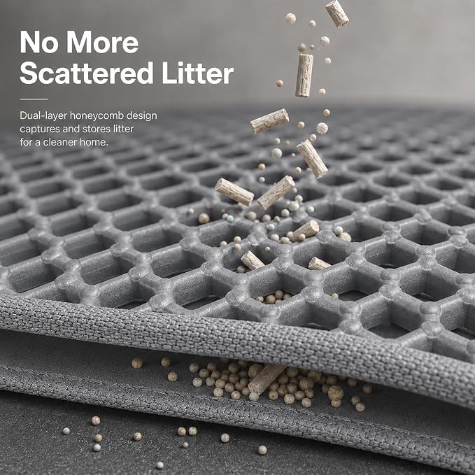 Cat Litter Box Mat,Double-Layer Honeycomb Litter Trap 30"x22" Gray | Catches Scattered Particles to Stop Tracking,Waterproof Design Urineproof Base Protects Floors, Easy to Clean, Indoor Cats