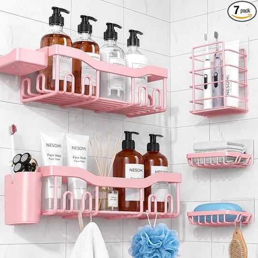 NESOMI Shower Caddy Adhesive Shower Organizer 7-Pack, Rustproof Stainless Steel Bathroom Shelves, Large Capacity No-Drill Rack Storage Accessories with Soap Dish Toothbrush Holder Hooks