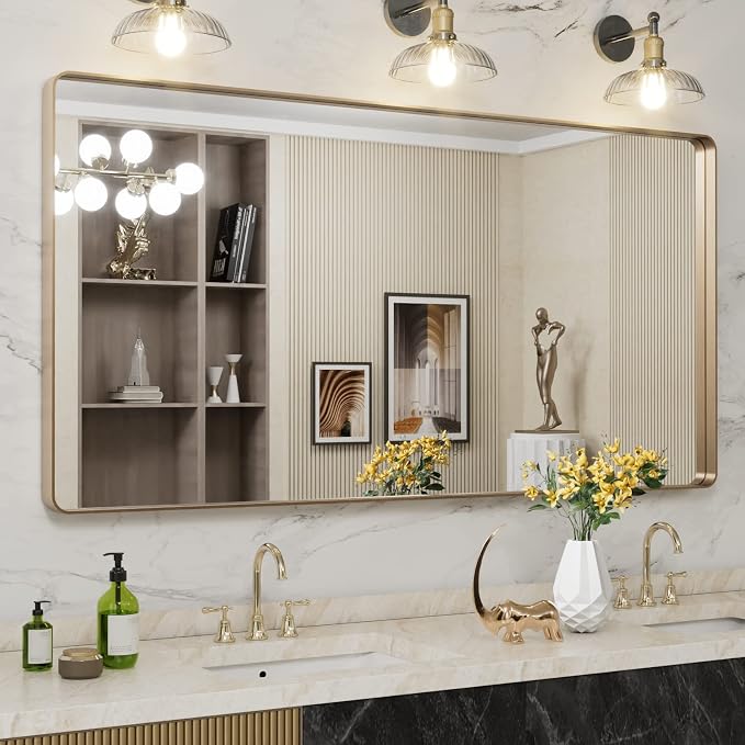 LOAAO 60”X30” Gold Bathroom Mirror, Rounded Rectangle Gold Frame Mirror, Brushed Gold Bathroom Vanity Mirror Wall-Mounted, Anti-Rust, Tempered Glass, Hangs Horizontally or Vertically | Rounded Rectangle, Brushed Gold Frame, Wall-Mounted, Anti-Rust, Tem...