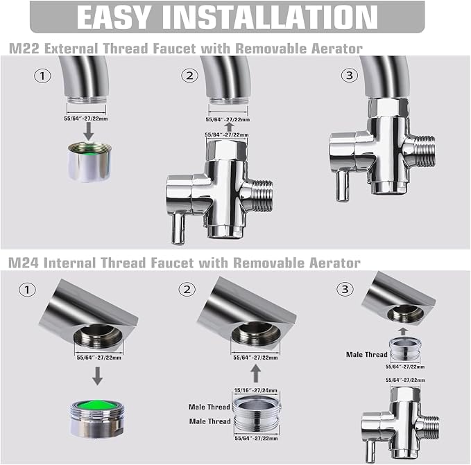 Brass Faucet Diverter Valve with Aerator, Faucet Adapter for Sink Hose Attachment, 3 Way Faucet Splitter with Male Thread Adapter, Faucet Connector for Bathroom/Kitchen(Chrome)
