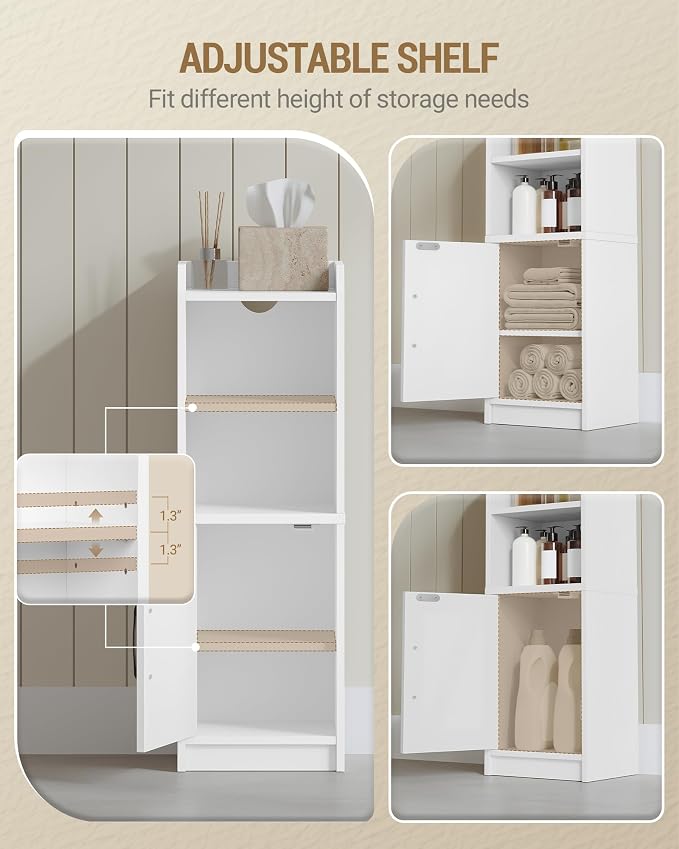 Hzuaneri Bathroom Storage Cabinet, Small Farmhouse Corner Floor Cabinet with Door and Shelves, Narrow Toilet Paper Holder Stand, Bathroom Organizer with Adjustable Shelf, for Small Spaces, White