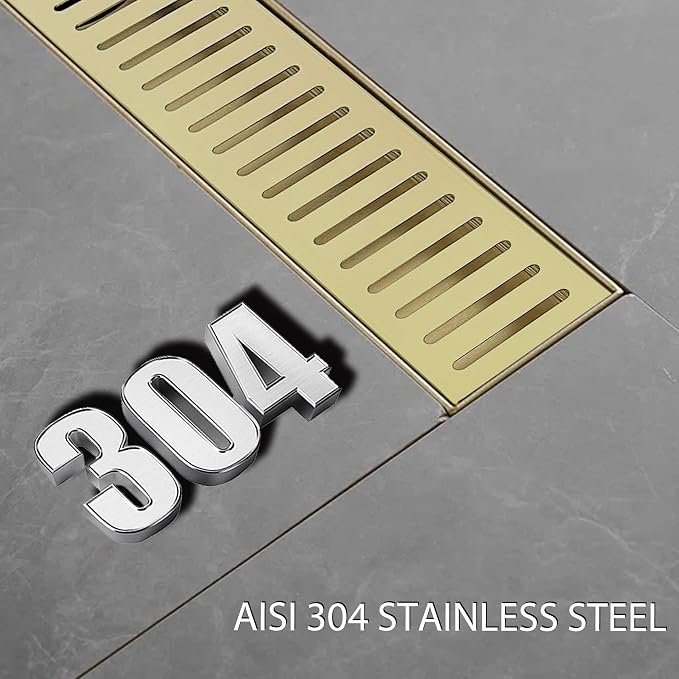 28 Inch Linear Shower Drain Bathroom Kitchen Golden Floor Drain Removable Capsule Pattern Cover Accessories Shower Drain 304 Stainless Steel Drain with Hair Strainer Adjustable Leveling Feet