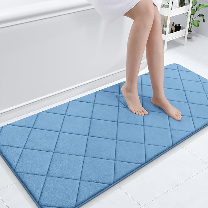OLANLY Memory Foam Bath Mat 70x24, Ultra Soft and Absorbent Bathroom Rugs | Blue, Quick Dry, Machine Washable Shower Bath Rugs, Comfortable Bath Carpet for Bathroom Floor, Tub and Shower