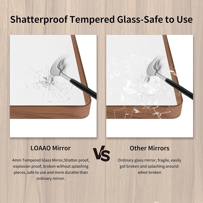 LOAAO 36X36 Inch Bathroom Mirror with Wood Grain Colored Metal Frame | Rounded Rectangle, Anti-Rust, Hangs Horizontally or Vertically, Tempered Glass