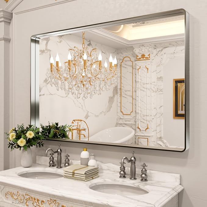 LOAAO 60X40 Inch Brushed Nickel Bathroom Mirror | Rounded Rectangle, Silver Metal Frame, Anti-Rust, Tempered Glass, Hangs Horizontally or Vertically