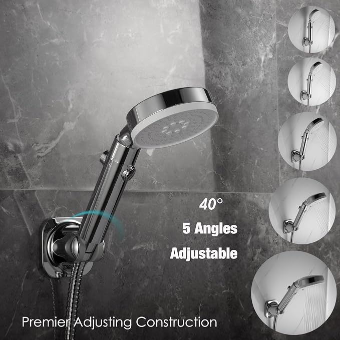 Handheld Shower Head Holder - 5 Positions Adjustable - Slide to Fit - Adhesive Mount with Screw Option, Bathroom Wall Mount Shower Hose Holder (Chrome)