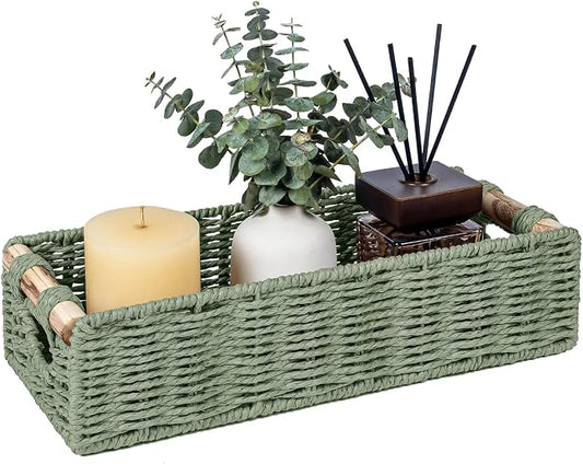 CubesLand Back of Toilet Storage Basket for Organizing w/Cut Out Handle, Handwoven Toilet Tank Top Paper Baskets, Small Wicker Decorative Basket for Countertop, Home, Living Room, Nursery, Green