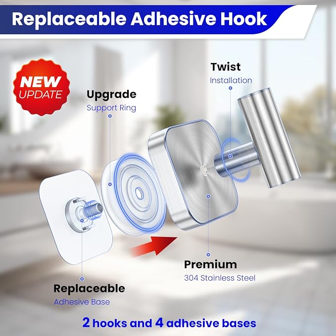 Aikzik Silver Replaceable Adhesive Hooks Heavy Duty, Stainless Steel Towel Hooks for Bathrooms & Shower-Tiles, Glass Door, Wall Hooks for Walls No Damage, Towel Holder Sticky Hooks for Hanging- 2 Pack