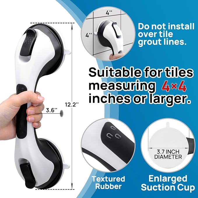 LEVERLOC Grab Bars for Shower 2 Pack Suction Bathtub Safety Rails, Heavy Duty 12 Inch Shower Handle Removable Bath Handrails for Seniors and Elderly, Bathroom Safety Grip No Drilling Waterproof Black