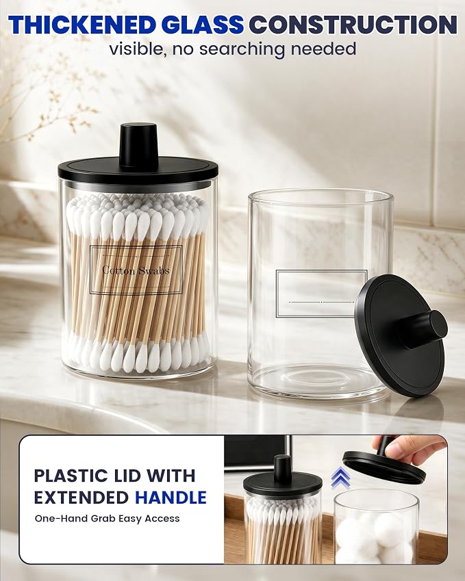 Glass Qtip Holder Dispenser - 4 Pack, Bathroom Decor and Organizer | Clear Canister Apothecary Jars with Lids for Cotton Swabs, Balls, Pads, Floss Picks, Vanity Bathroom Accessories Storage Set