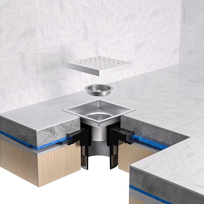 EXF 6 Inch Square Shower Drain Chrome, Stainless Steel Shower Floor Drain Kit with ABS Flange, Removable Grid Cover, Hair Strainer