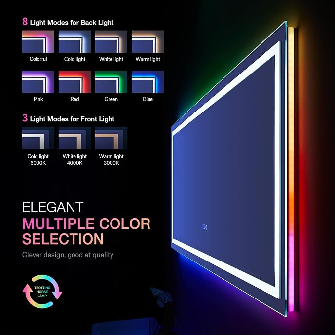 LOAAO 60"X28" RGB LED Bathroom Mirror with Lights, UL Listed | Anti-Fog, Dimmable, RGB Backlit + Front Lighted, Memory Function, Tempered Glass