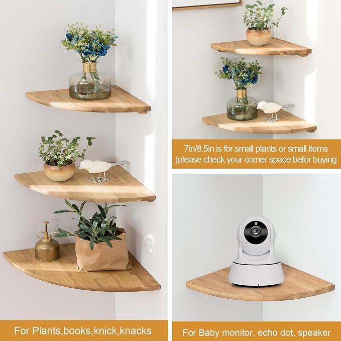 Corner Shelves, Floating Corner Shelf, Set of 2 10inch Solid Oak Wood Corner Wall Shelves, Round End Wall Mount Display Shelf with Wire Hole for Bedroom Kitchen, Living Room