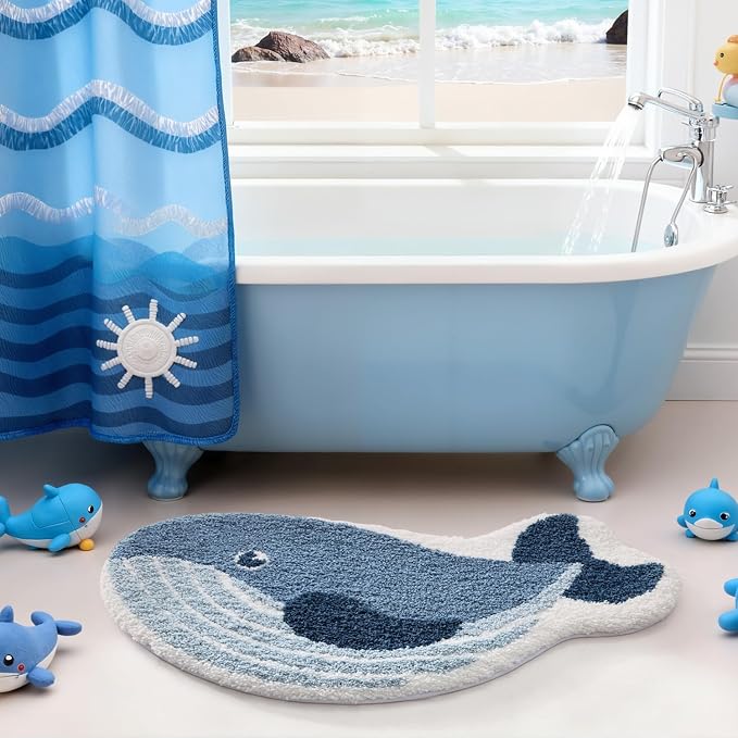 LUMI Cute Animal Bathroom Rugs, Plush Absorbent Bath Mats for Bathroom, Non-Slip Backing Washable Bath Mat, Ideal for Shower Sink Bathtub Room Decor, 24"x43", Deep Whale