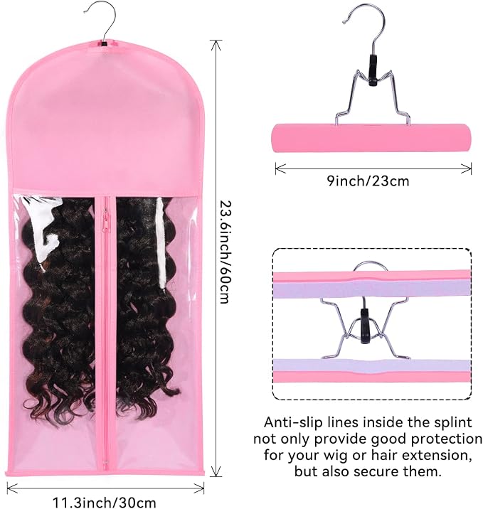 Wig Storage Bags with Hanger - Hair Extension Holder for Styling - Transparent Organizer Set (3PCS/PINK)