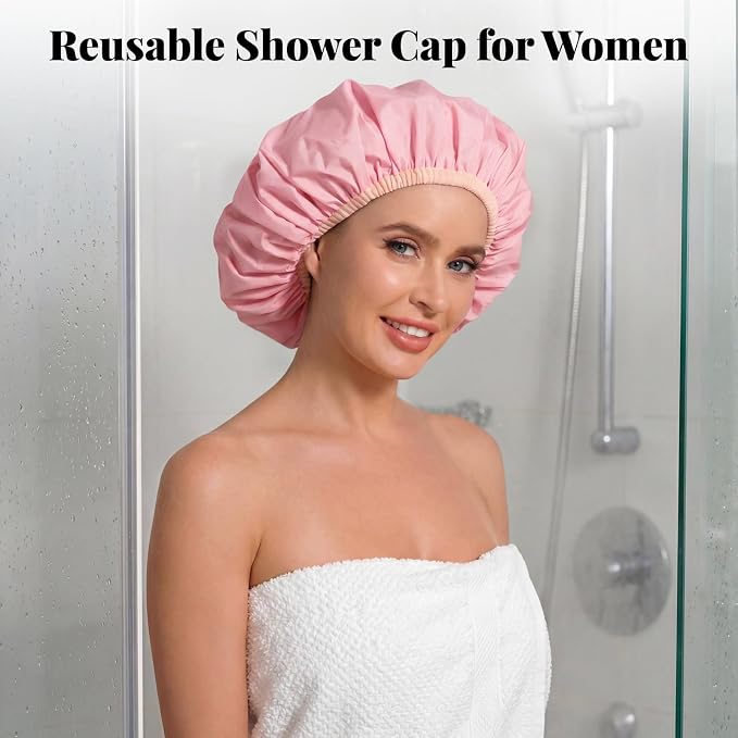 3Pcs Shower Cap for Women Reusable Waterproof, Bath Cap for Long Hair, Comfortable Showers Cap for Thick Curly Hair