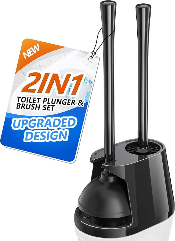 Toilet Plunger and Brush Set, Bowl Brush and Heavy Duty Toilet Plunger with Ventilated Holder, 2-in-1 Toilet Brush and Plunger Combo for Bathroom Deeply Cleaning（Black）