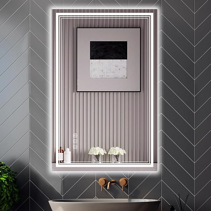 Ratsamee 24x36 Inch LED Bathroom Mirror with Frontlit & Backlit, Lighted Mirror for Bathroom Wall with 3-Color Dimmable & Anti-Fog, Vanity Mirror with Lights