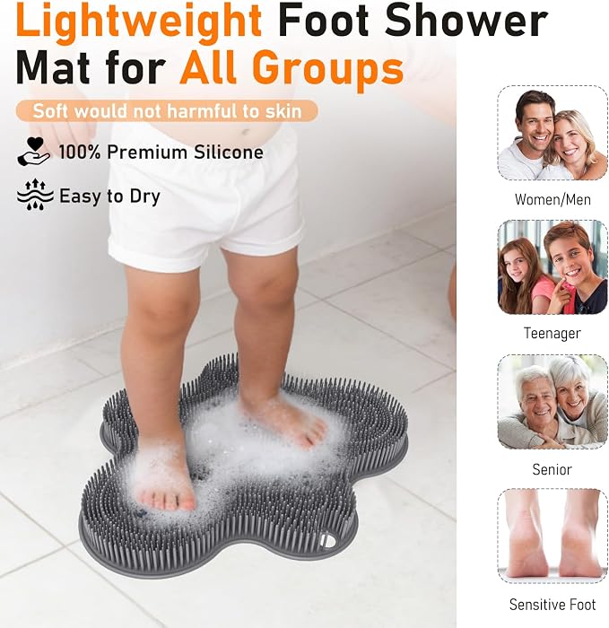 Shower Foot Scrubber Mat Silicone Back Exfoliating Cleaner, Feet Message Bath Washer Pad with Suction Cups for Wall Non-Slip - Itchy Toes Dead Skin Beauty Deep Clean Soft Bristles 14.2 * 11.2in Grey